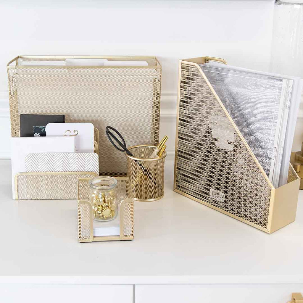 Blu Monaco Office Supplies Antiqued Brass Gold Desk Accessories-4 Piece  Wire Desk Organizer Set-Mail Sort…