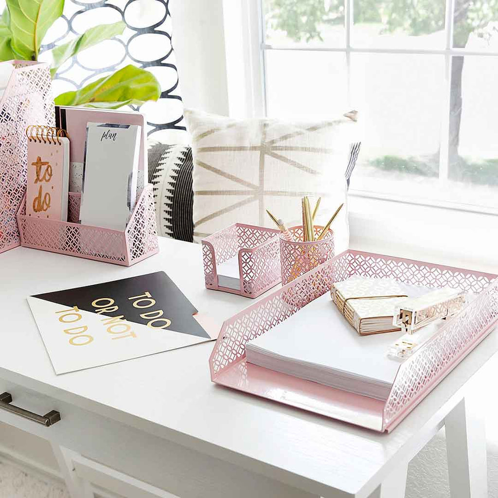 Riviera Designer Metal Desk Organizer with Drawer - Pink