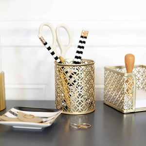 Riviera Gold Pen Holder for Desk - Gold Pen Cup - Gold Pencil Cup - Gold Brush Holder with Metal Mesh Design