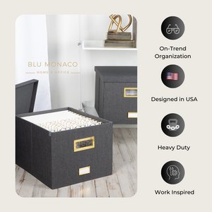 Grey Foldable File Storage Box with Lid, Gold Accents, and Metal Rods - Stylish Organizer for Letter and Legal-Size Hanging File Folders - Portable Office Storage Solution and Decorative File Tote
