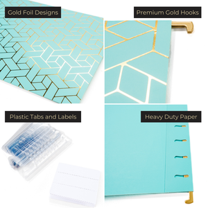 Set of 12 Aqua Cute Hanging File Folders Letter Size with Geometric Gold Foil Designs, Letter Size Decorative Hanging Folders for Filing Cabinet and Hanging File System, File Cabinet Folders