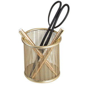 Riviera Gold Pen Holder for Desk - Gold Pen Cup - Gold Pencil Cup - Gold Brush Holder with Metal Mesh Design