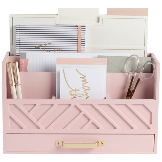 BLU MONACO Pink Wood Desk Organizer with Drawer and Gold Handle - Bill Mail Storage Organizer and Sorter for Storage, Countertop and Kitchen