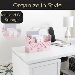 BLU MONACO Pink Wood Desk Organizer with Drawer and Gold Handle - Bill Mail Storage Organizer and Sorter for Storage, Countertop and Kitchen