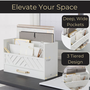 BLU MONACO White Wood Desk Organizer with Drawer and Gold Handle - Bill Mail Storage Organizer and Sorter for Storage, Countertop and Kitchen