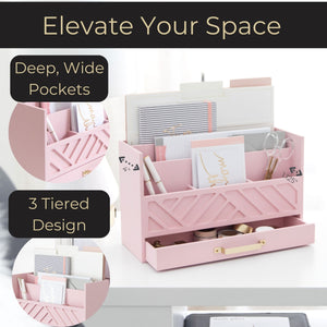 BLU MONACO Pink Wood Desk Organizer with Drawer and Gold Handle - Bill Mail Storage Organizer and Sorter for Storage, Countertop and Kitchen