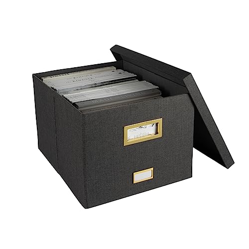 Grey Foldable File Storage Box with Lid, Gold Accents, and Metal