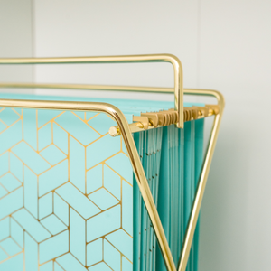 Set of 12 Aqua Cute Hanging File Folders Letter Size with Geometric Gold Foil Designs, Letter Size Decorative Hanging Folders for Filing Cabinet and Hanging File System, File Cabinet Folders