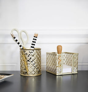 Riviera Gold Pen Holder for Desk - Gold Pen Cup - Gold Pencil Cup - Gold Brush Holder with Metal Mesh Design