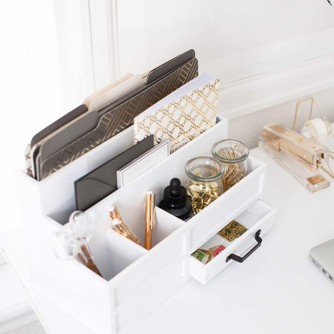 Finiss White Desk Organizer | Office Supplies Desk Organizer Caddy With Drawer | Mail Holder For Office Desk Organization And Art Supplies Storage