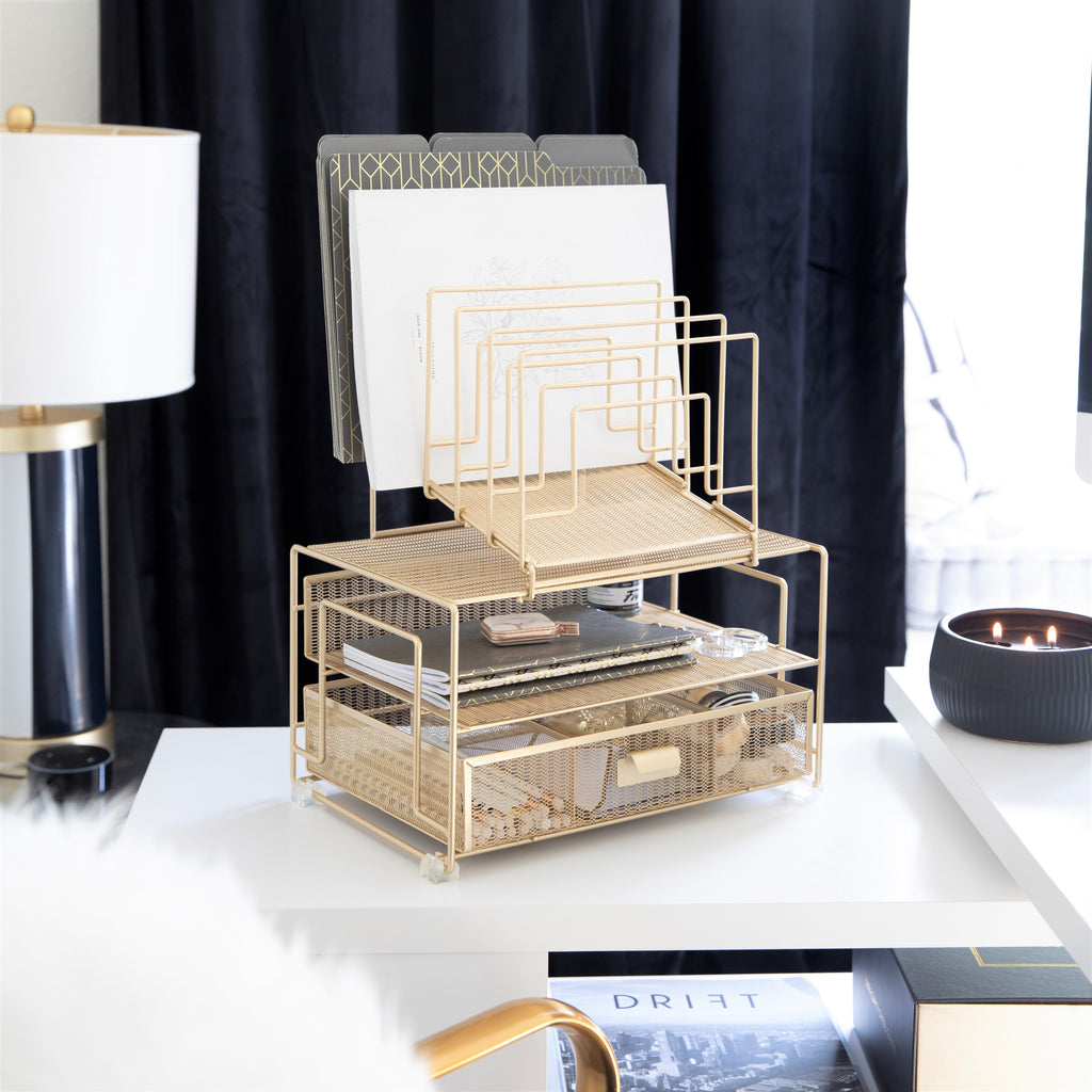 Gold Desk Organizer with File sorters and Drawer | Blu Monaco