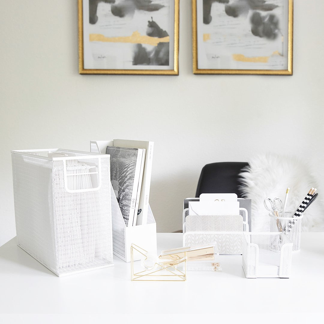 Blu Monaco Office Supplies White Desk Accessories for Women-6 Piece  Interlocking Stylish Desk Organizer Set- Pen Cup, 3 Accessory Trays, 2  Letter