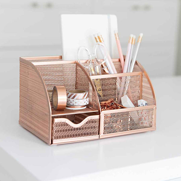 Blu Monaco Monte Unique Metal Rose Gold Desk Organizer with Drawer