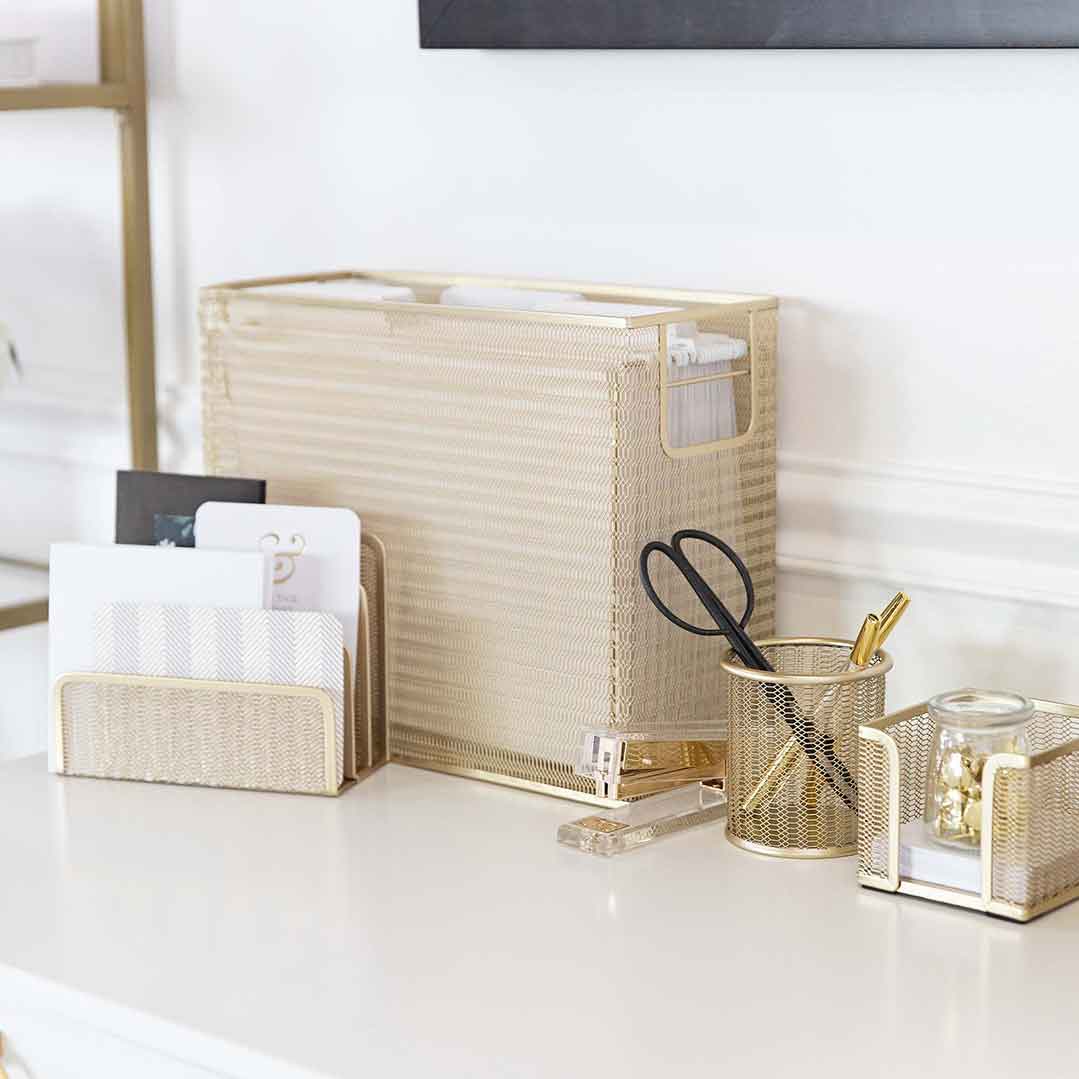 Blu Monaco Beautiful Gold Desk Organizer - Made of Metal with Gold Finish - Gold Desk Accessories - Storage for Paper and Office Supplies - Desk Organizer Gold