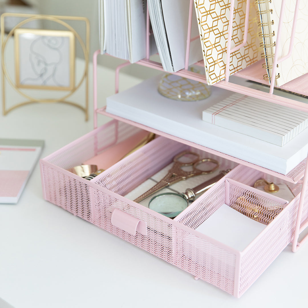 5 Piece Office Supplies Pink Desk Organizer Set - with Desktop Hanging File  Organizer, Magazine Holder, Pen Cup, Sticky Note Holder, Letter sorter -  Pink Desk Accessories for Women Office 