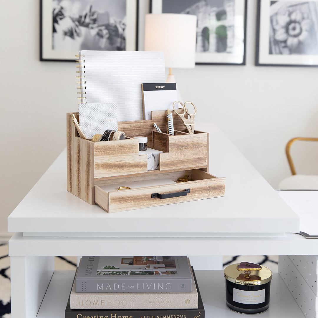 White Wooden Office Supplies Organizer with Drawer by Blu Monaco